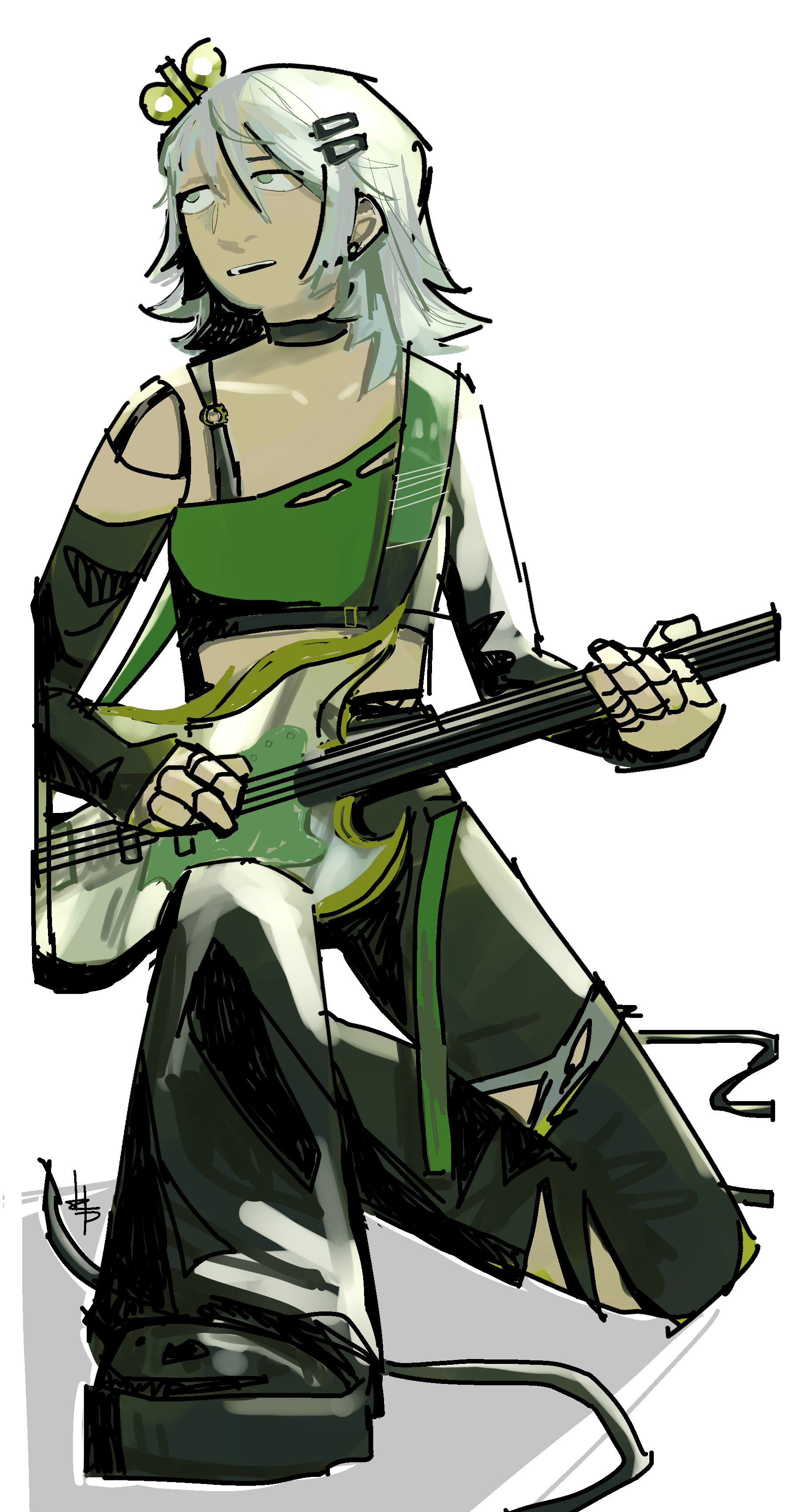 sketch of vtuber cecilia immergreen kneeling on the ground playing the bass.